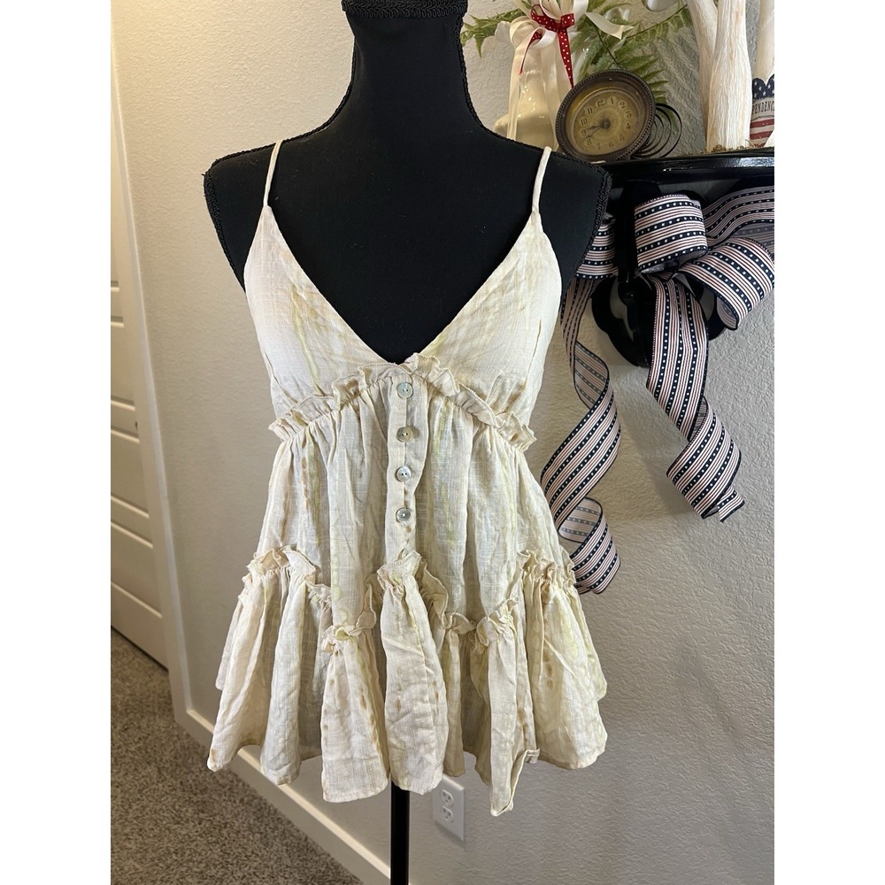 By Together NWOT Boutique Cream Lime Green Tan Ruffle Boho Sleeevless Blouse S